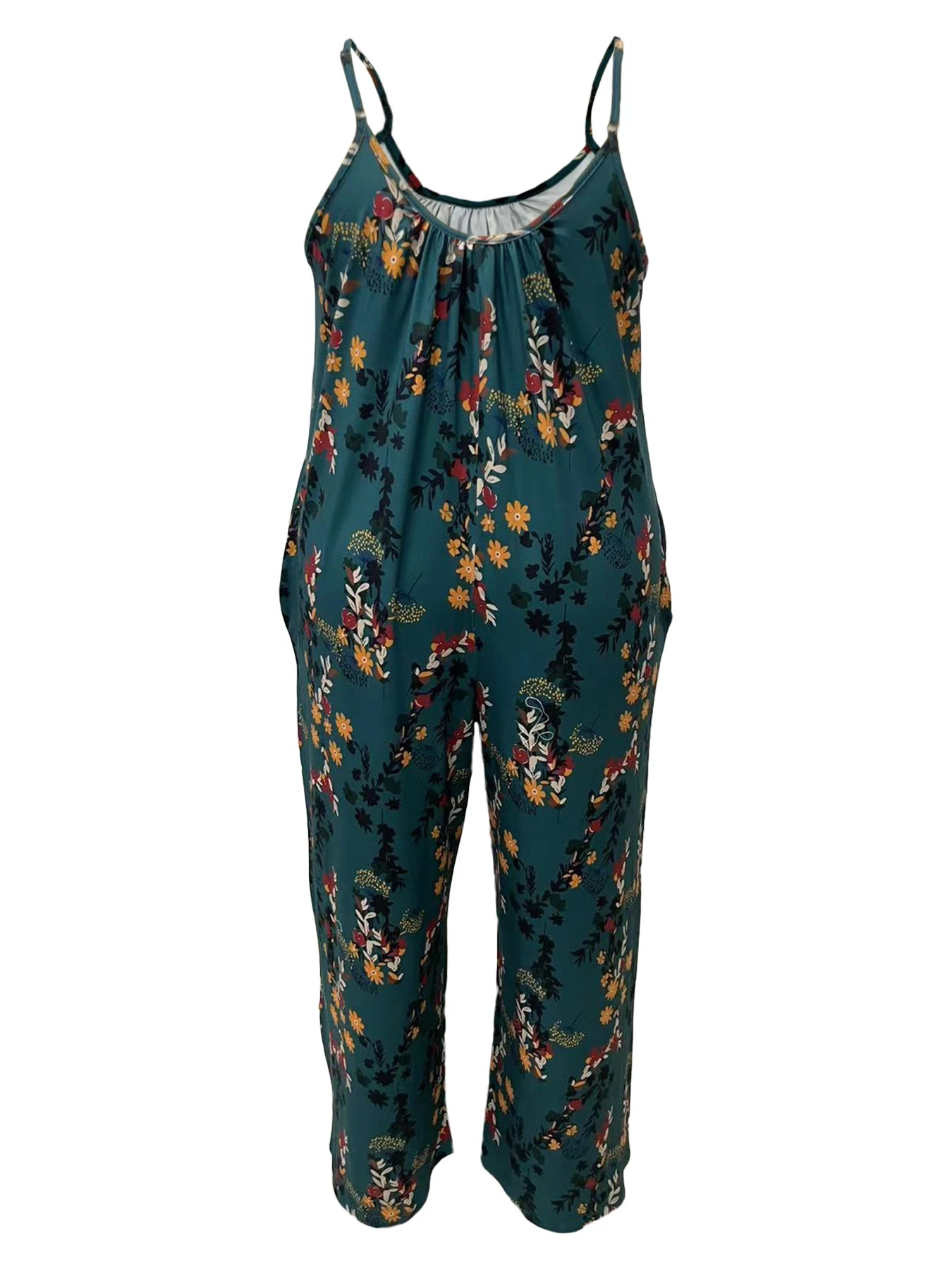 Plus-size floral print vacation style jumpsuit with pockets