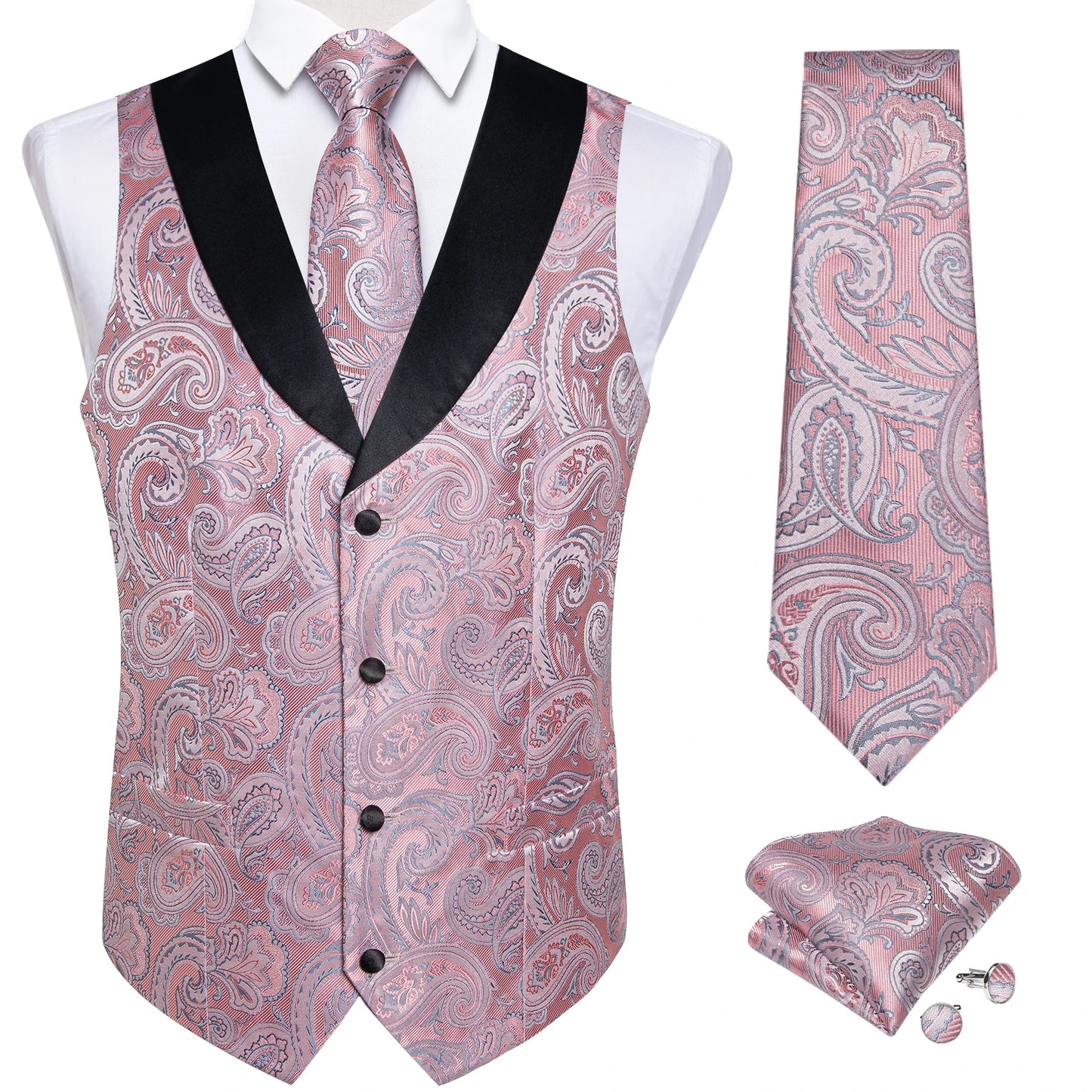 Men's Paisley Silk Suit Vest with Macthing Golden Paisley Neck Tie Handkerchief Cufflinks Wedding Prom Tuxedo Waistcoat