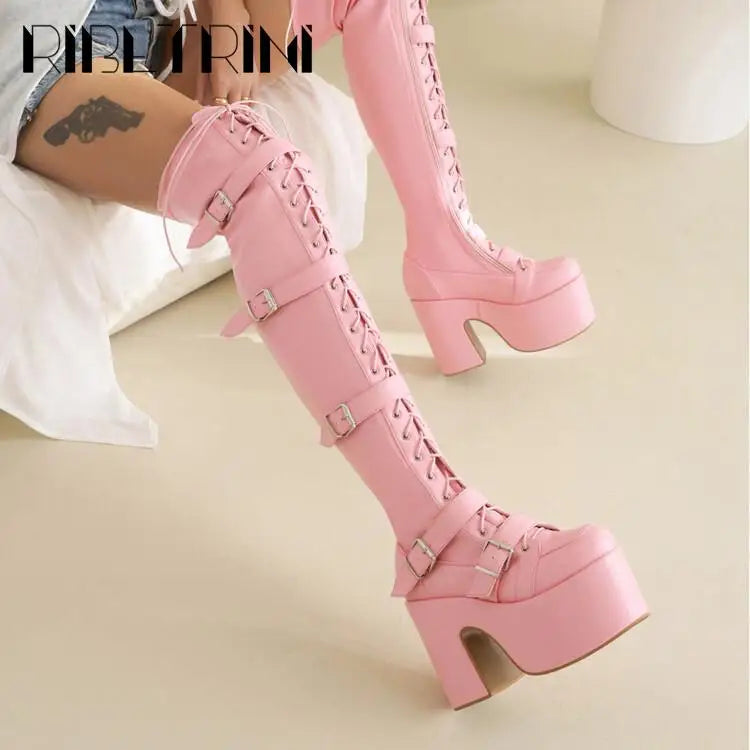 Goth Women Motorcycle Boots Block High Heels Platform Cool Street Boots