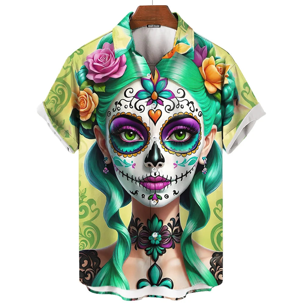 Day Of The Dead Shirt Skull Men's Shirts Skull Face 3d Print Short Sleeve Retro Loose
