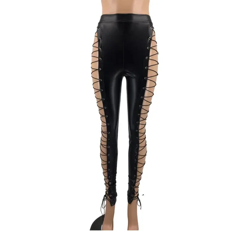 Women's Lace Up PU Leather Pants Chic High Waist Hollow Out Drawstring Bandage Cut Out Faux Leather Trousers