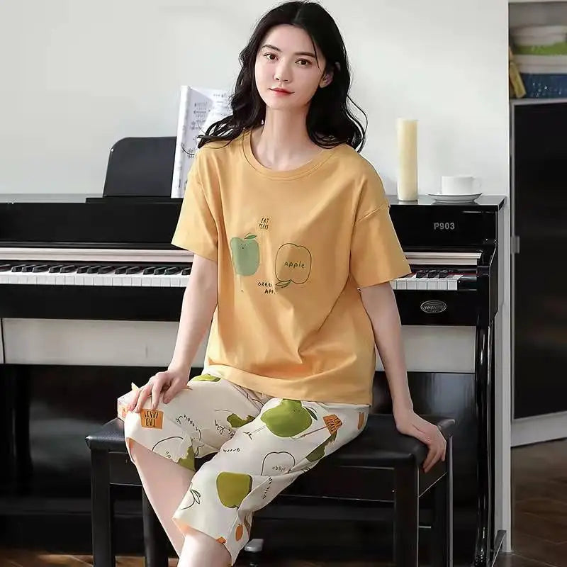 Half-Sleeve Seven-Quarter Trousers Student Nightwear Set Round Neck Cartoon Ladies Pajamas Loungewear