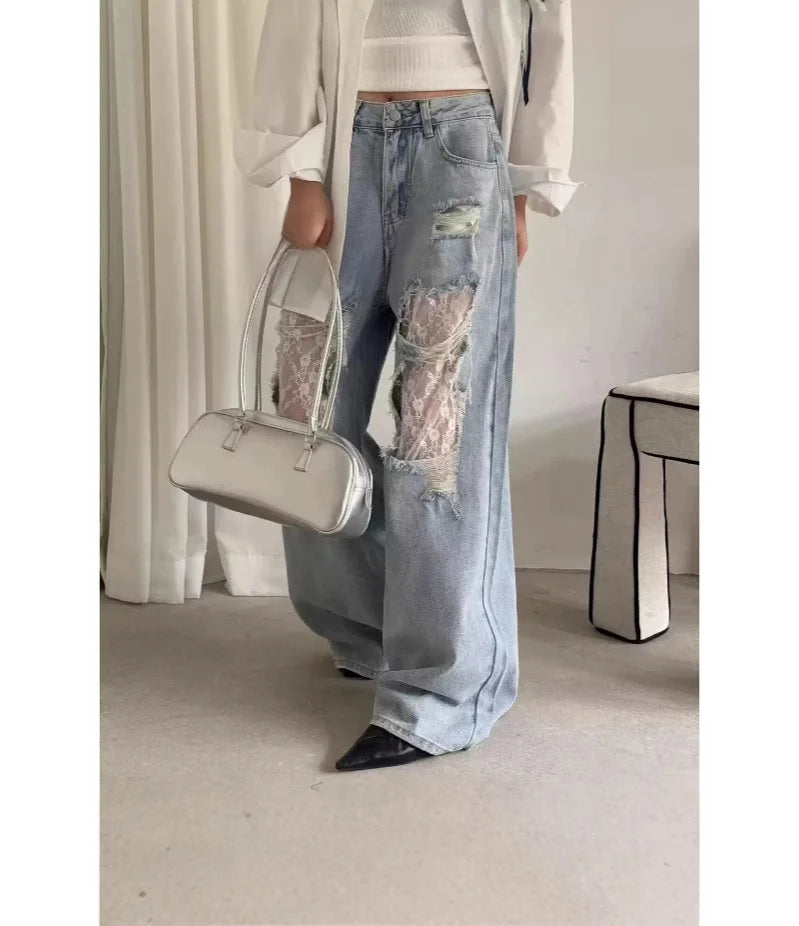 American Style Hottie Hole Lace Spliced Jeans for Women Y2k Fashion High Waist Loose Wide Leg Pants