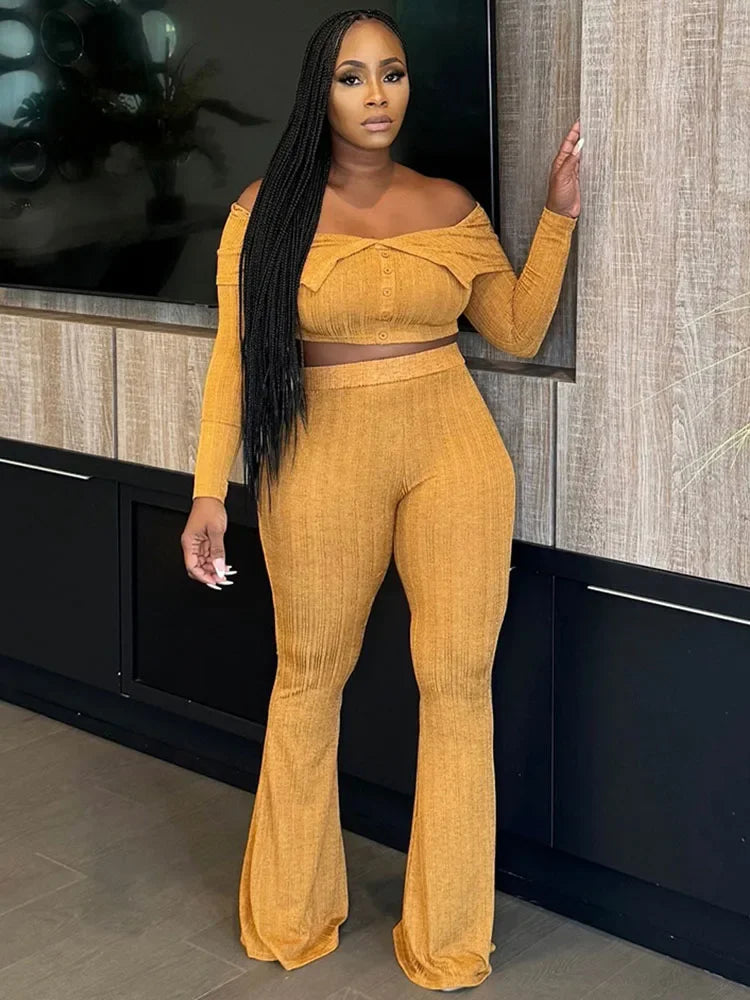 Knitted Two Piece Set Off Shoulder Slash Neck Crop Top and Flare Pants Set