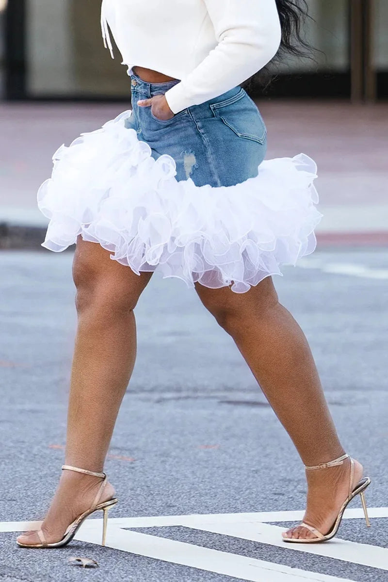 Plus Size Blue Casual Denim Tulle Pockets High Waist Mini Skirts