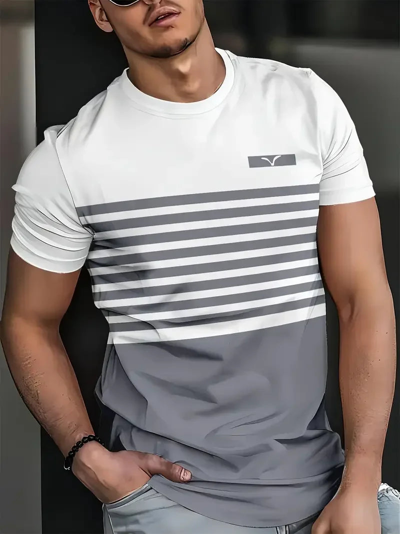 Classic Summer Men's T-shirt Loose Street Stripe Print Short Sleeve Round Neck