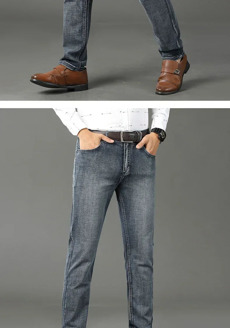 Men Classic Jeans Straight Regular Blue Stretch Denim Trousers Men's
