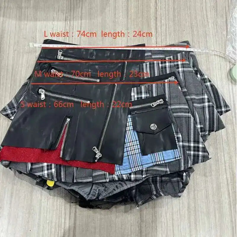 Women's Patchwork Plaid Design Pleated Mini Skirt High Waist A-line Skirt
