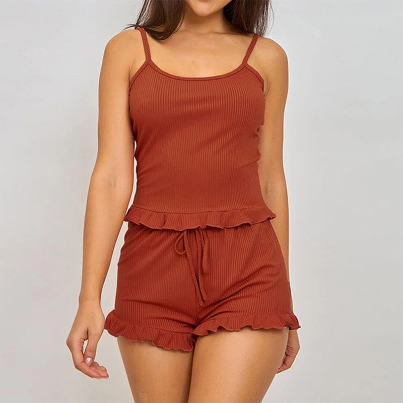 Two-Piece Solid Color Sleepwear Suspender Ribbed Knitted Pleated Vest Shorts Casual Women's Sleepwear Set