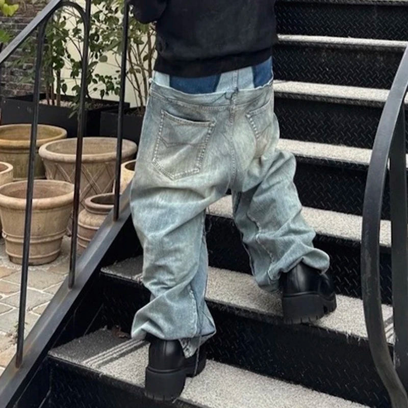 CUT-UP Double-layer Double Waist Patchwork Baggy Jeans for Men and Women Straight Casual Loose