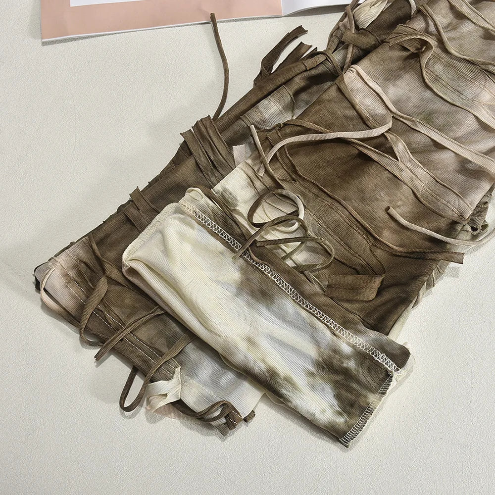 Tie Dye Printed High Waist Drawstring Tassel Flare Pants Stretch Legging Wide Leg