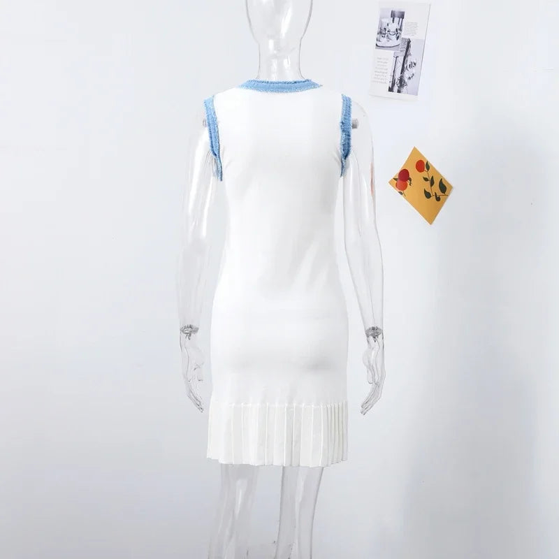 Denim Patchwork Skirts Round Collar Sleeveless Slim Dress Single-breasted Splicing