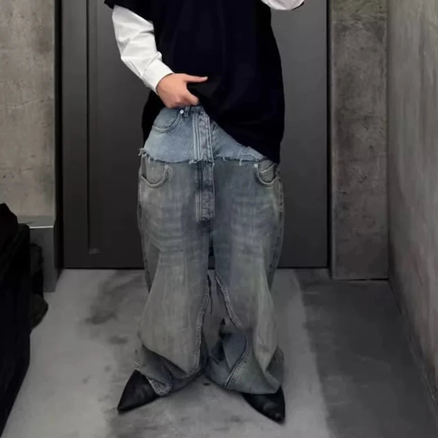 CUT-UP Double-layer Double Waist Patchwork Baggy Jeans for Men and Women Straight Casual Loose