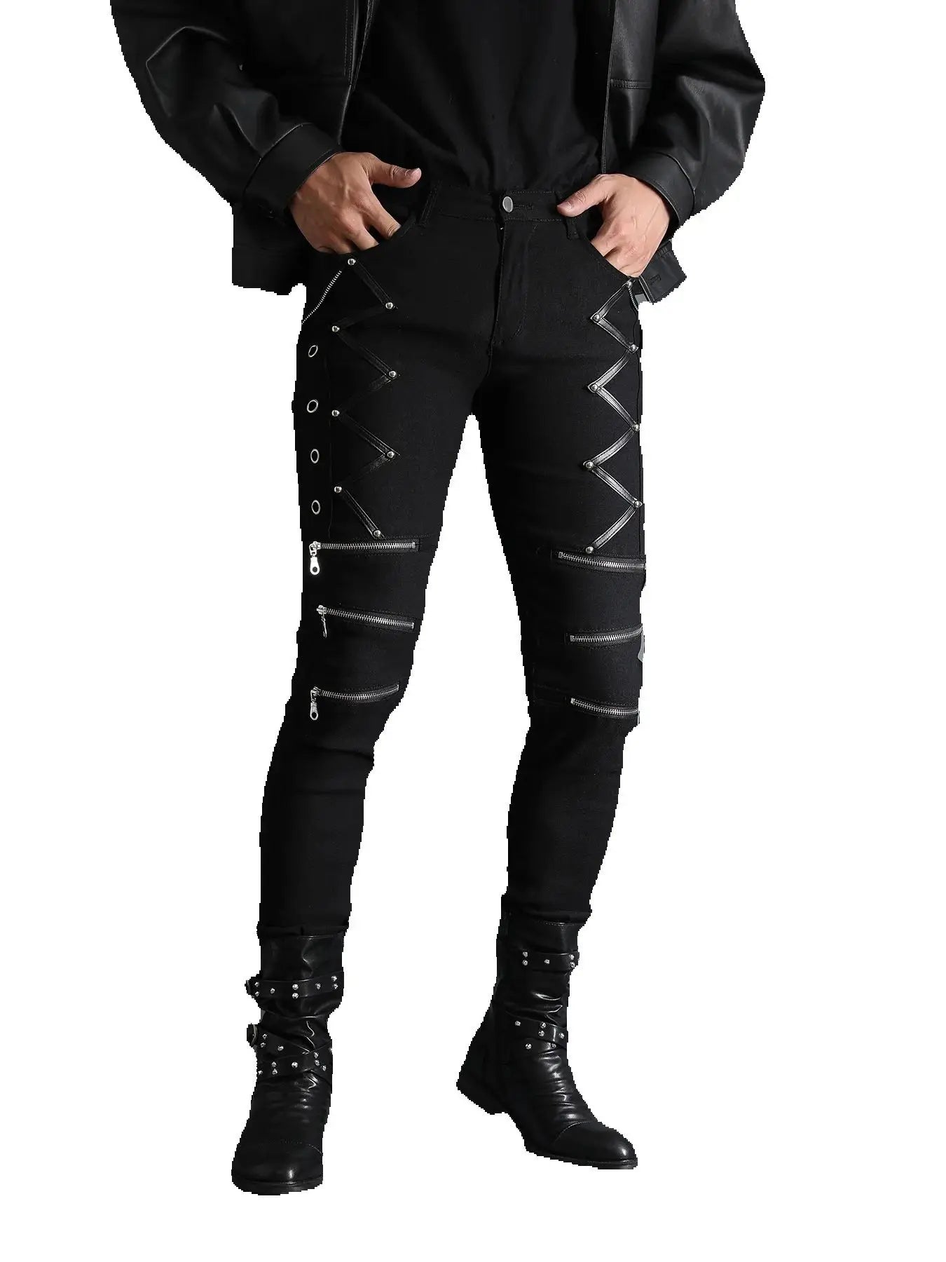 Men's Motorcycle Gothic Steampunk Zippers studded Rivet Elastic Stretchy Denim Jeans Biker Pants