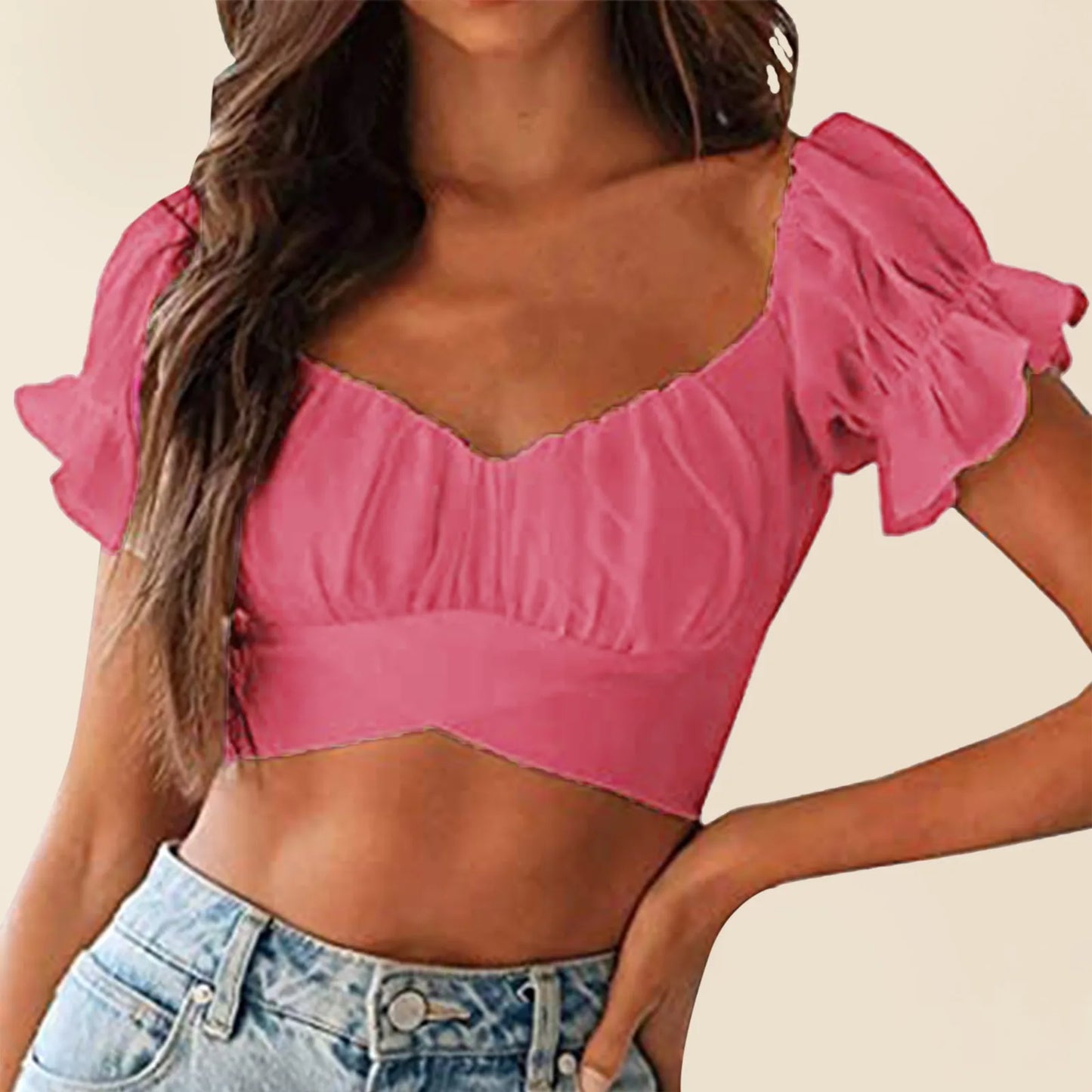 Deep V Neck Cropped Top Ruffled Short Sleeve Backless Tight Tank Top Watermelon Red / XL / United States Watermelon Red / S / United States