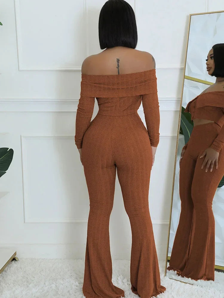 Knitted Two Piece Set Off Shoulder Slash Neck Crop Top and Flare Pants Set