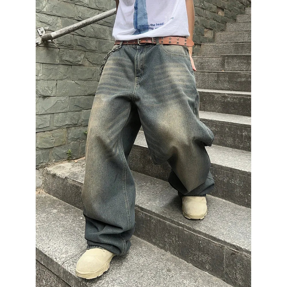 Men's Hip Hop Loose Jeans Y2K Retro Casual Wide Leg Jeans Flared Pants