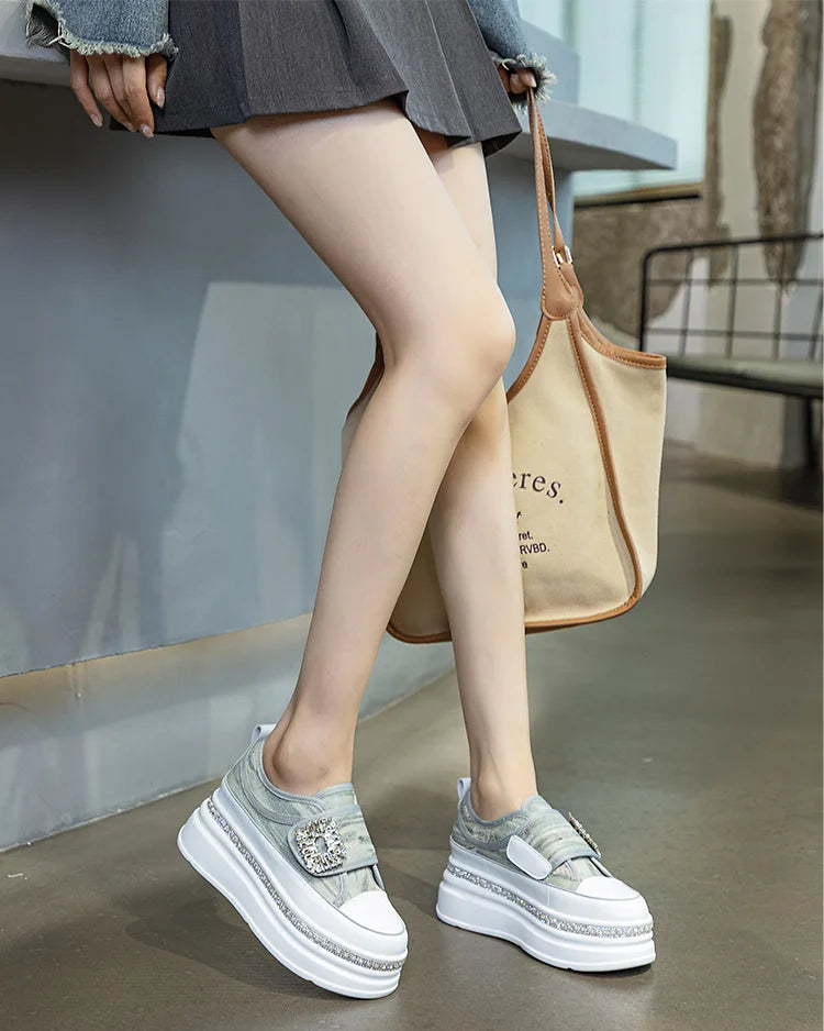 Denim Platform Wedge Genuine Leather Casual Comfy High Brand Chunky Sneakers Hidden Heels Shoes