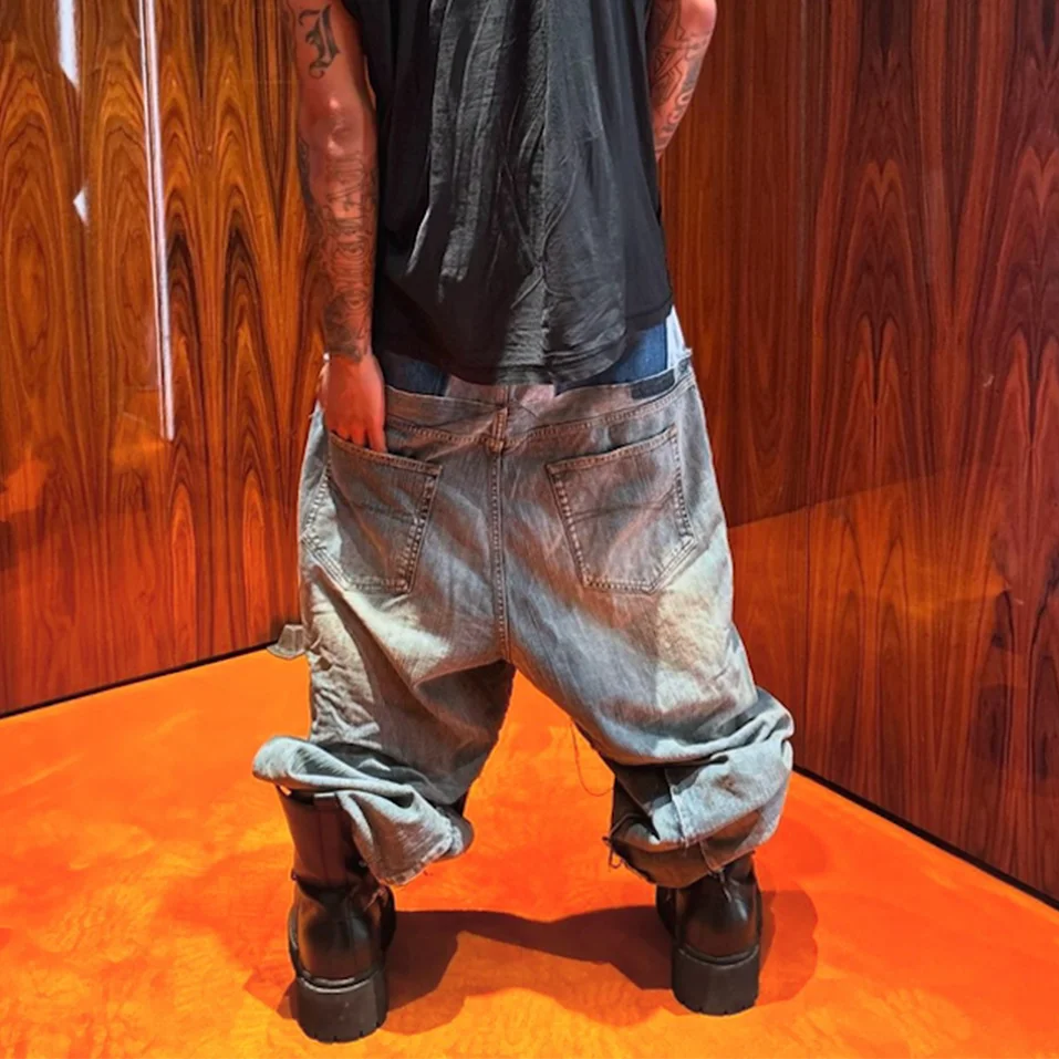 CUT-UP Double-layer Double Waist Patchwork Baggy Jeans for Men and Women Straight Casual Loose