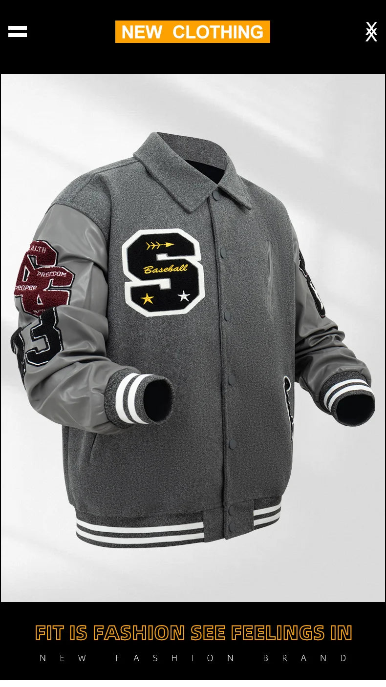 Mens Vintage Turn-down Collar Bomber Jacket Loose Letter Embroidery Coat Motorcycle Jacket