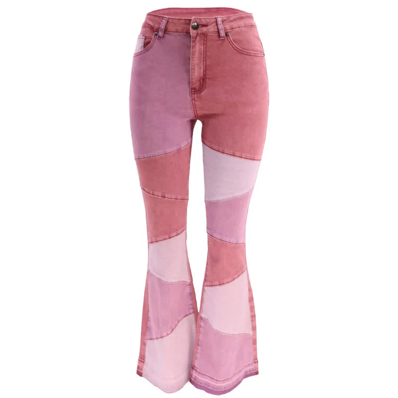 Women Flare Jeans Casual Pants Pannelled Collision High Waist Fit Female High Quality