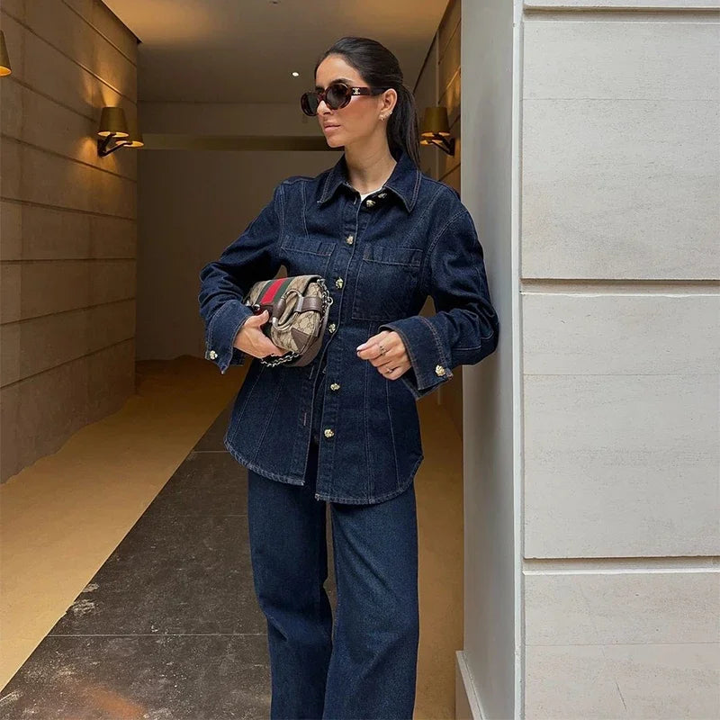 Street Denim Shirt Set Women Lapel Waist Up Long Sleeve Single Breasted Pocket Jacket Lady Jean Outfit set / M set / L pant / L set / M-set / L-pant / L-set / S-pant / S-pant / M-top / M-top / L-top / S-
