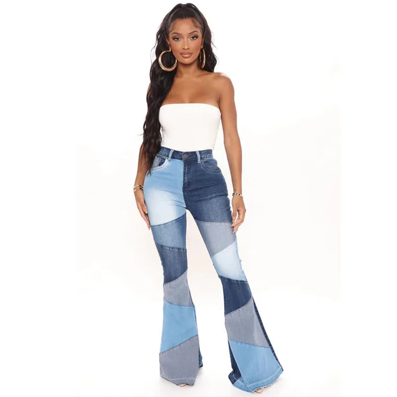 Women Flare Jeans Casual Pants Pannelled Collision High Waist Fit Female High Quality