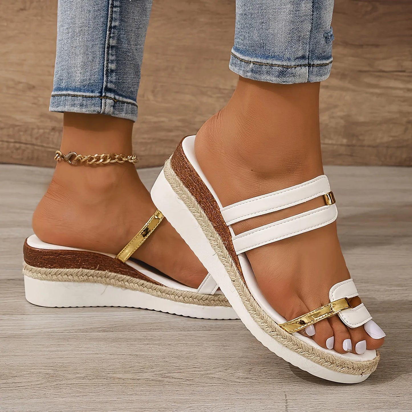 Casual Sandals For Women Dressy Comfortable Soft Leather Thick Soled Slope Woven Straw Sandals