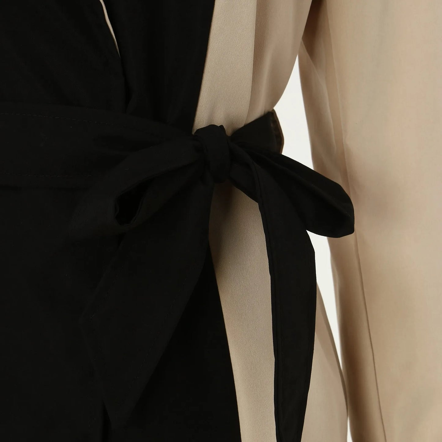 Elegant Long Jacket Women Retro Formal Black Khaki Contrast Notched Collar Windbreaker Coat