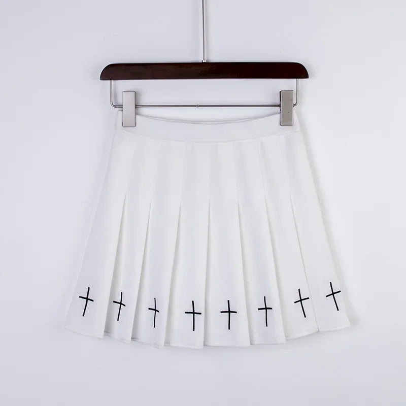 High Waist Pleated Skirt Elastic Waist Cross Embroidery black Pleated