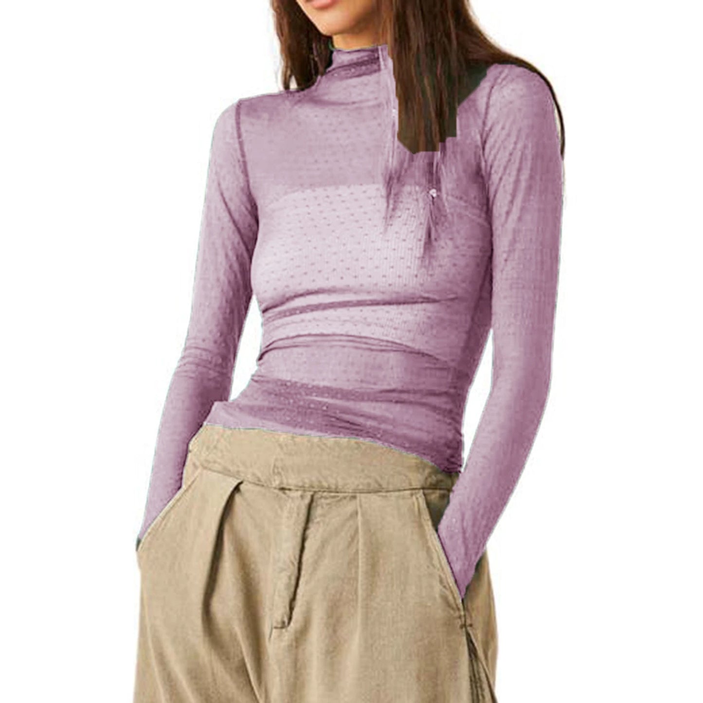 Women Sheer Mesh T-Shirt Mock Neck Long Sleeve Crop Tops Retro See Through Shirt