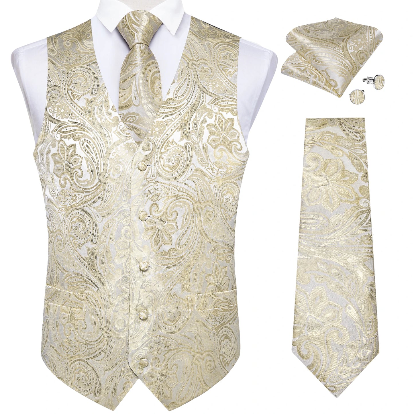 Luxury Paisley Men's Suit Vest Black Pink Red Wedding Prom Tuxedo Waistcoat Necktie Handkerchief Cufflink Sleeveless Jacket Vest