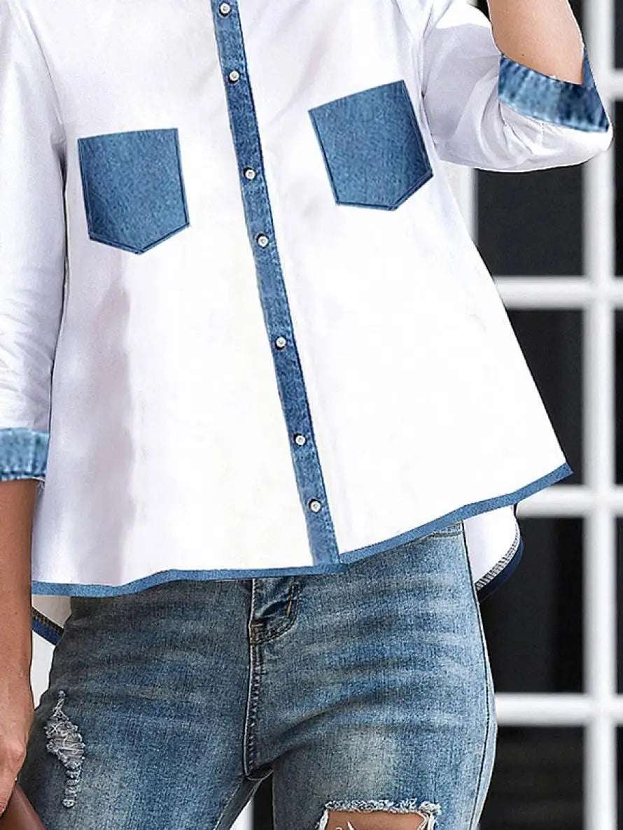 Yeezzi 2024 New Women Fashion Fake Pockets Patchwork Blouses Spring Summer High-Low Buttoned Mock Neck Casual Shirts Tops WHITE / L WHITE / M WHITE / XXL WHITE / L-WHITE / M-WHITE / XXL-WHITE / XL-WHITE / S-