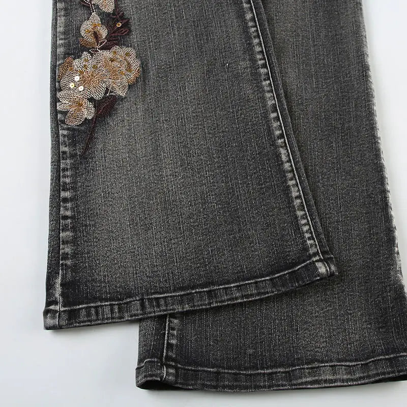 Beaded Embroidered Micro Slim Flare Jeans Street Y2k