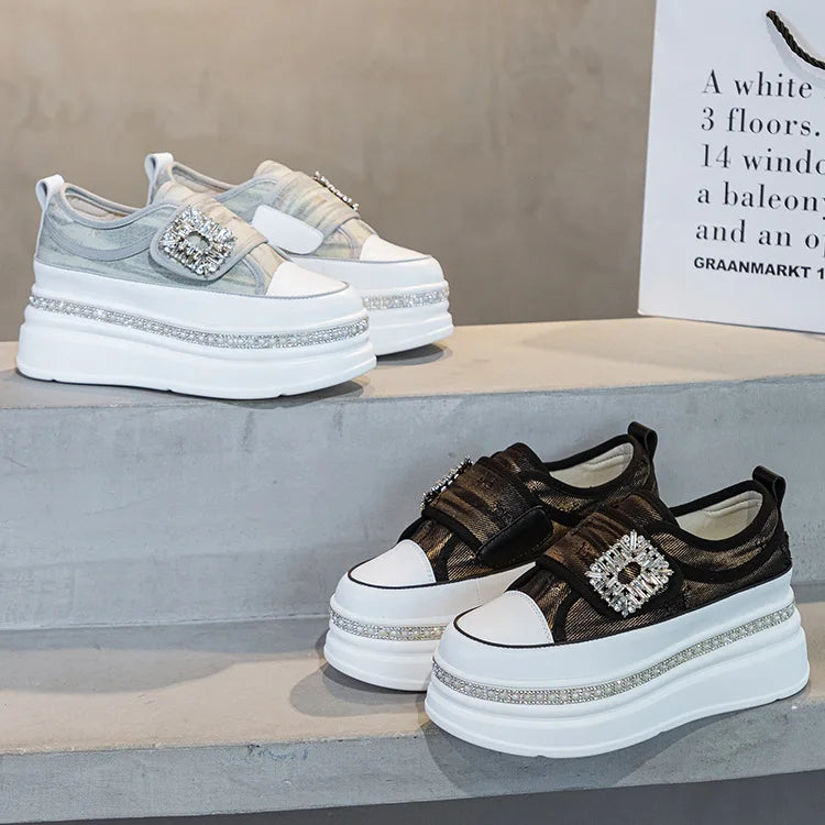 Denim Platform Wedge Genuine Leather Casual Comfy High Brand Chunky Sneakers Hidden Heels Shoes
