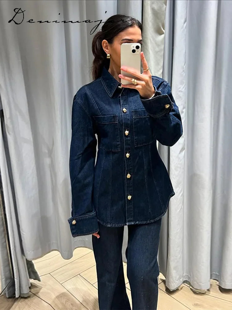 Street Denim Shirt Set Women Lapel Waist Up Long Sleeve Single Breasted Pocket Jacket Lady Jean Outfit set / M set / L pant / L set / M-set / L-pant / L-set / S-pant / S-pant / M-top / M-top / L-top / S-