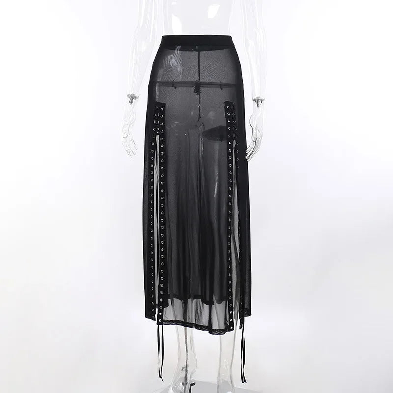 Hollow Out Skirt Y2K Goth Grunge Patchwork Eyelet Split Long Skirt 23101-22033 / XL 23101-22033 / M 23101-22033 / L 23101-22033 / XL-23101-22033 / M-23101-22033 / L-23101-22033 / S-