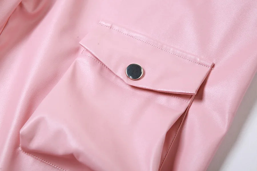Pink Cargo Pants Straight Leg Solid Multi-Pocket Design High Waist Pu Leather Loose