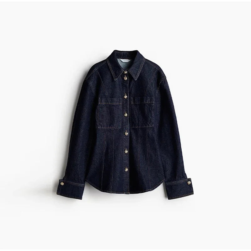 Street Denim Shirt Set Women Lapel Waist Up Long Sleeve Single Breasted Pocket Jacket Lady Jean Outfit set / M set / L pant / L set / M-set / L-pant / L-set / S-pant / S-pant / M-top / M-top / L-top / S-