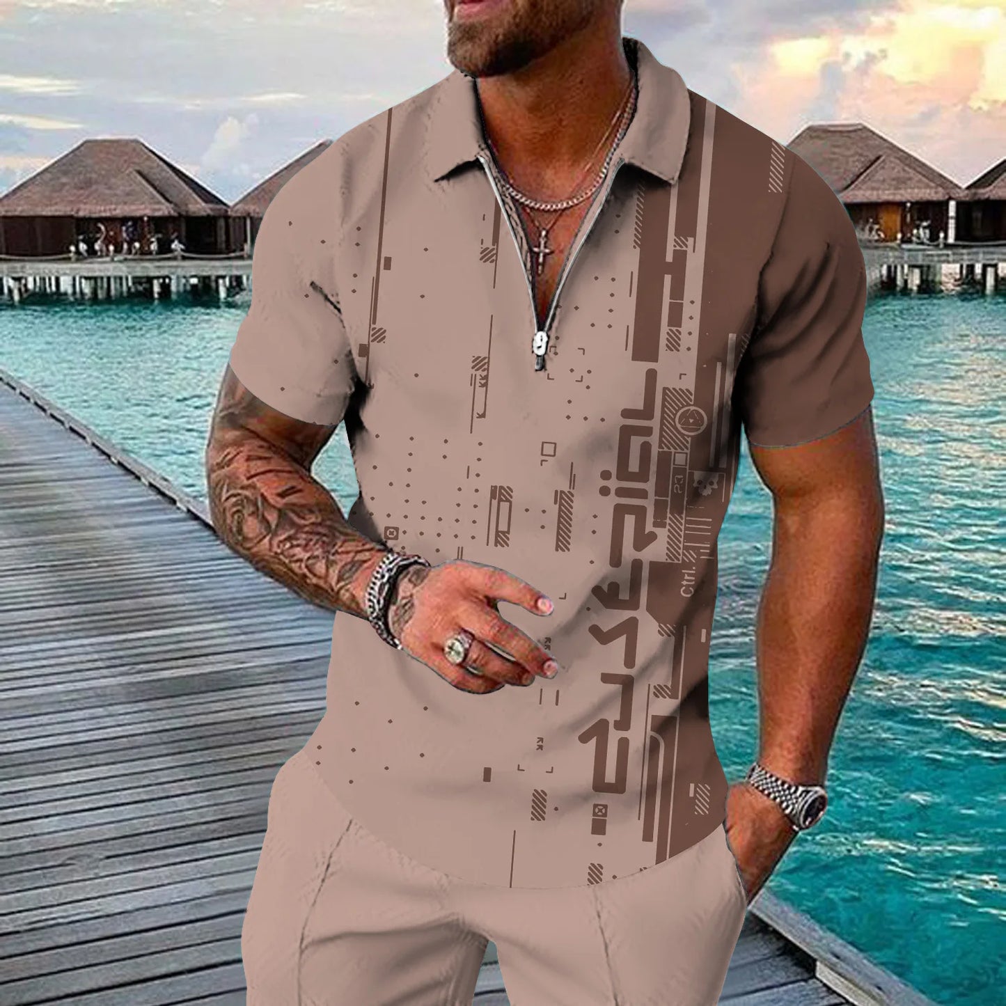 Men's 3D Flag Pattern Printed Short Sleeve POLO Shirt Zipper Men's T-Shirt