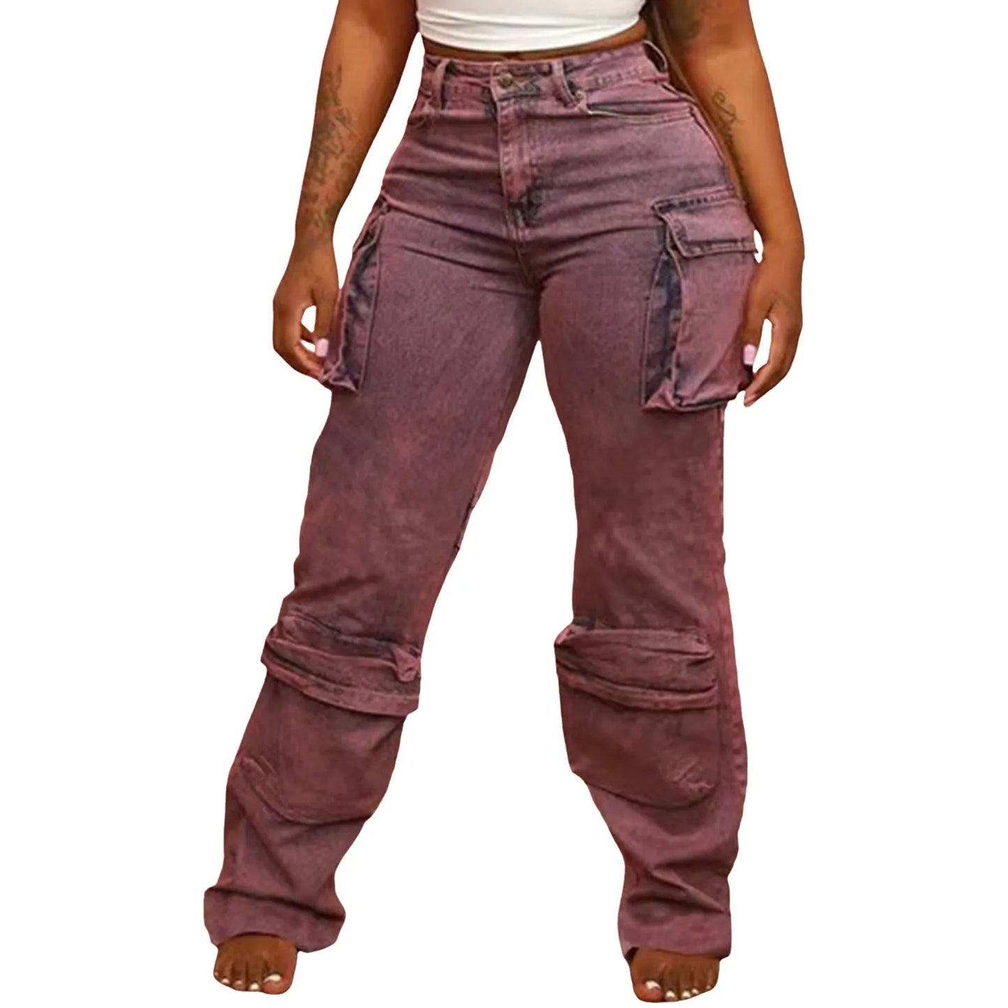 Women Streetwear Loose Straight Multi Pockets Denim Cargo Pants Wide Leg Jeans Baggy Brown / L / United States Red / S / United States