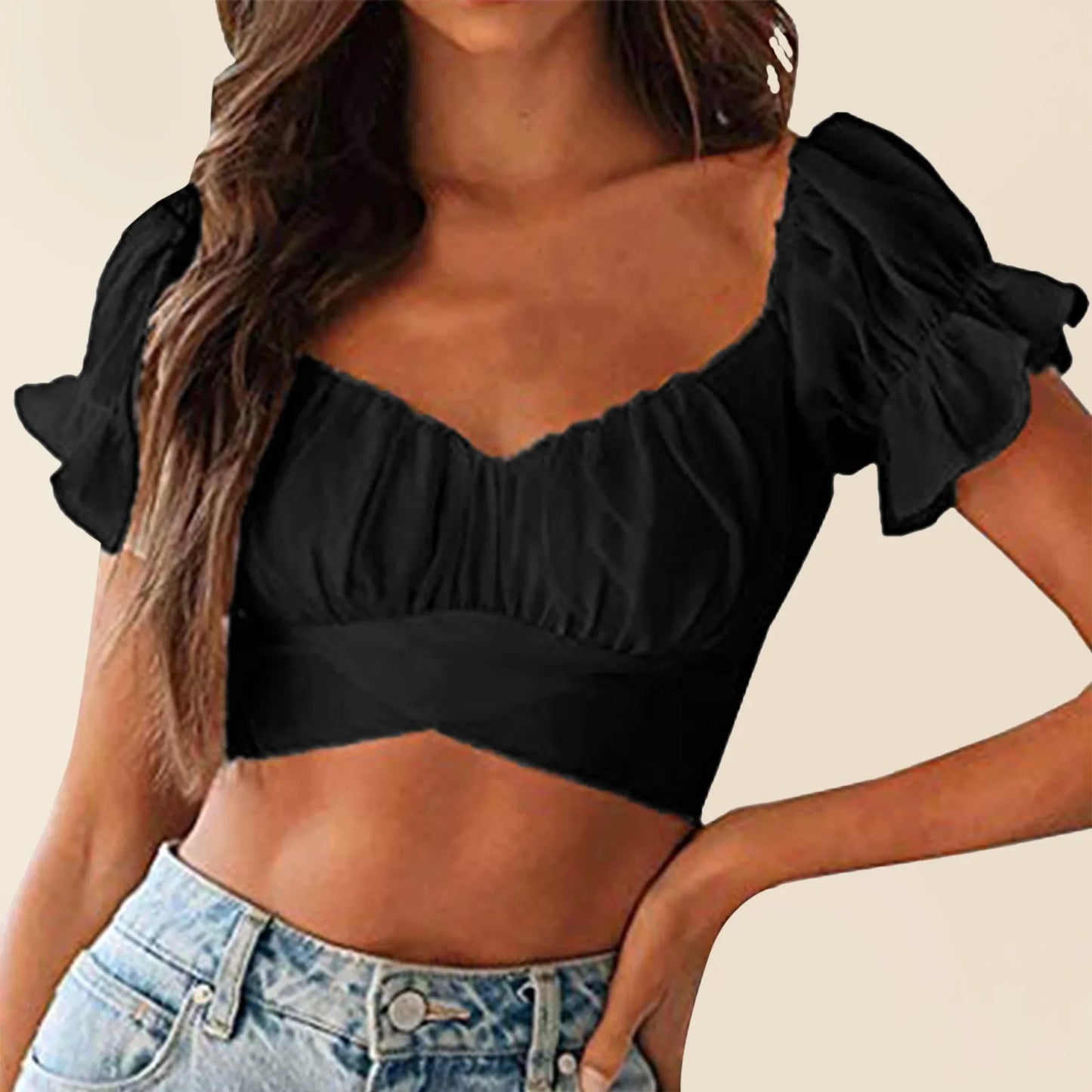 Deep V Neck Cropped Top Ruffled Short Sleeve Backless Tight Tank Top Watermelon Red / XL / United States Watermelon Red / S / United States