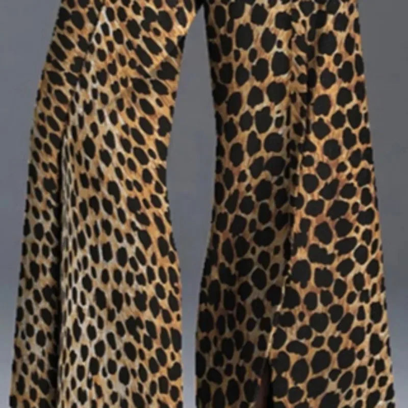Women High Street Leopard Printed Pants Casual Loose Split-Front High-Waist Wide Leg