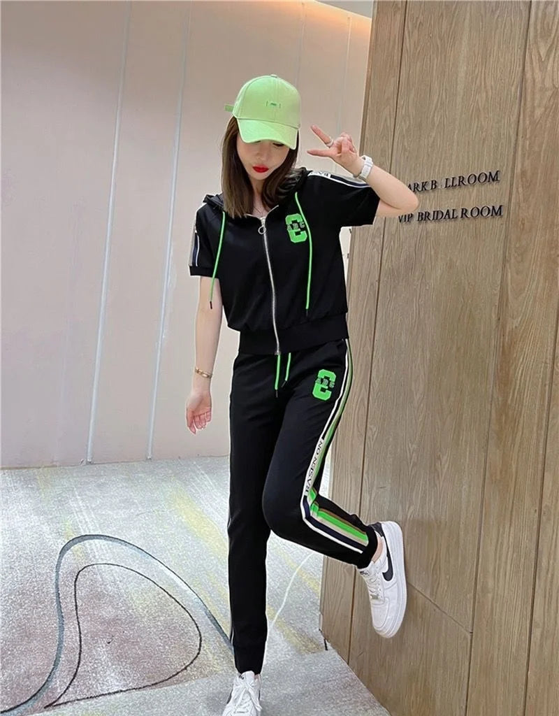 Women's Fashion Tracksuit Casual Suit Short Sleeve Hooded Top Pants Two Piece Set For Women