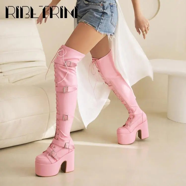 Goth Women Motorcycle Boots Block High Heels Platform Cool Street Boots