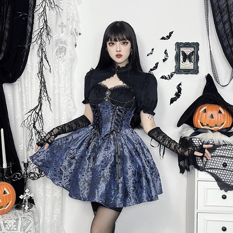 Vintage Gothic Smock Women Elegant Cute Lace Patchwork Puff Sleeve Crop Tops Aesthetic Fairy