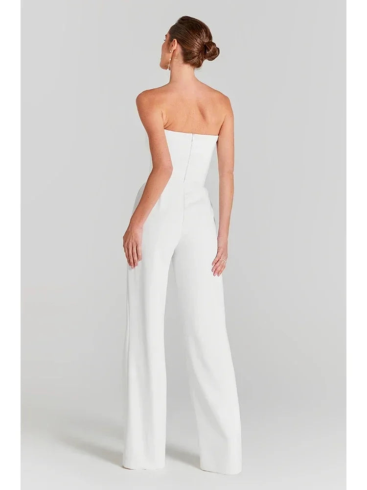 Mesh Pearl Beaded Bodysuits+Strapless Jumpsuit Two piece Sets Women White Jumpsuit Suits Evening