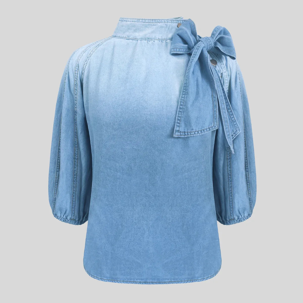 Women Denim Top Turtleneck Splice Puff Sleeve Shirts Loose Solid Pullovers Casual