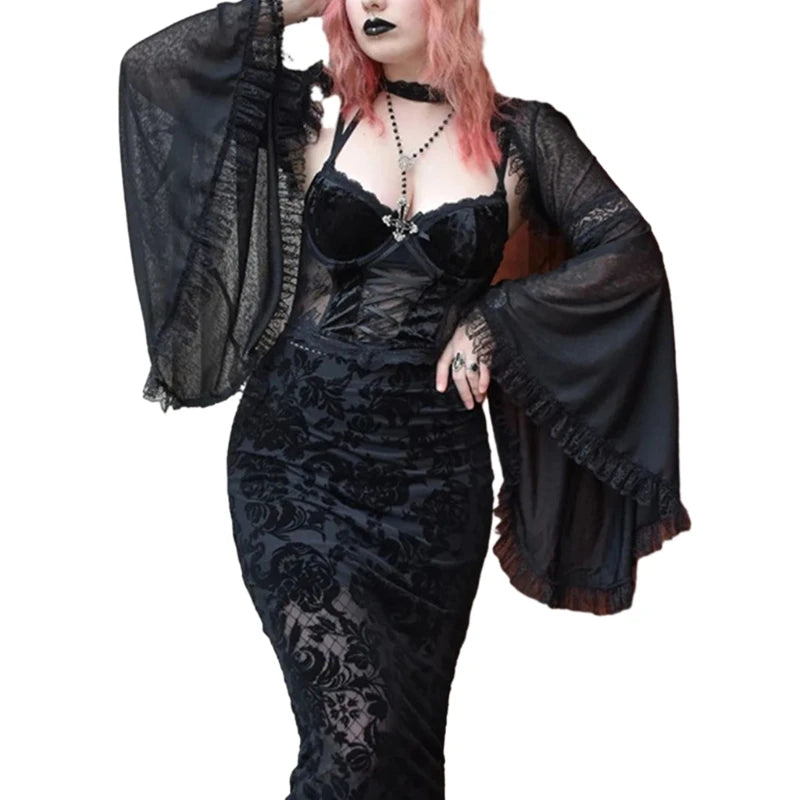 Gothic Lace Long Sleeve Victorian Half Shirt Crop Top Vintage T Shirt for Women M S L M-S-L-