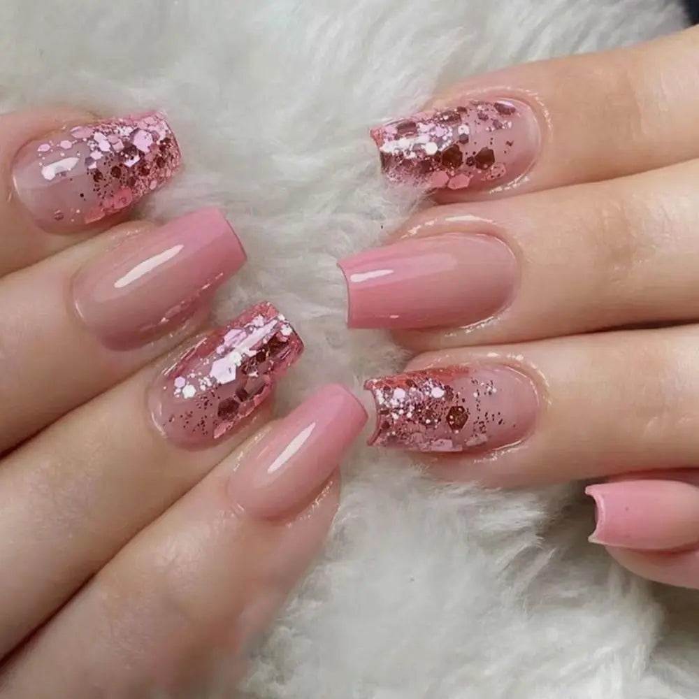 24pcs Gradient Fake Nails French Ballerina Nail Medium Coffin Press on Nails Tips AA6 AA5